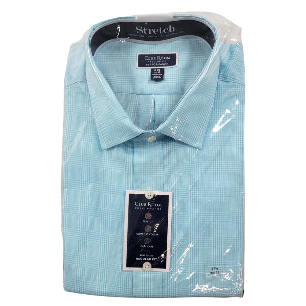 Club Room Glen Plaid‎ Dress Shirt XL 17.5 32/33 Turquoise Blue Regular Fit NEW